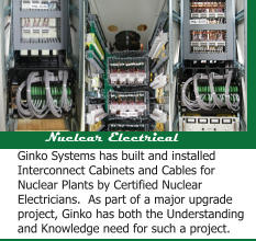 Ginko Systems has built and installed Interconnect Cabinets and Cables for Nuclear Plants by Certified Nuclear Electricians.  As part of a major upgrade project, Ginko has both the Understanding and Knowledge need for such a project. Nuclear Electrical