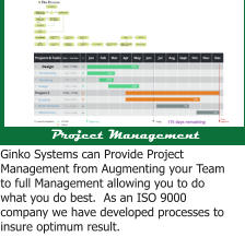 Design Functionality Marketing Design Schedule Order Materials Manufacture Project Management Ginko Systems can Provide Project Management from Augmenting your Team to full Management allowing you to do what you do best.  As an ISO 9000 company we have developed processes to insure optimum result.